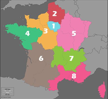 Carte des huit régions de la FFCV en France